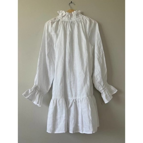 Ephemera Ruffle High Neck Linen Garland Smock Dress White Women's Size: 4 NWT - Picture 8 of 11